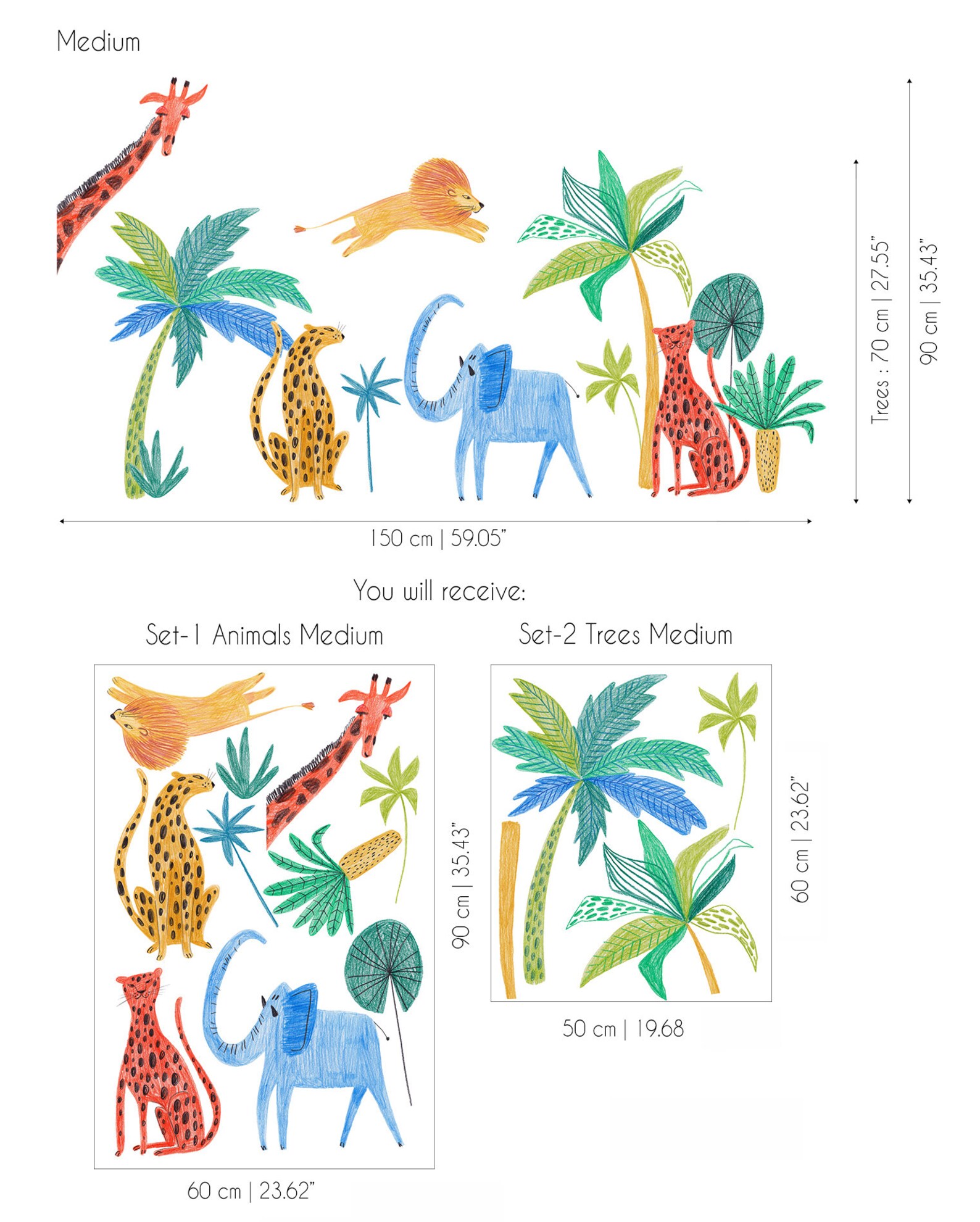 Safari Animals Decal , Palm Tree Wall Sticker , Jungle Nursery, Lion ...