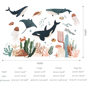 May include: A whimsical wall decal featuring an underwater scene with whales, an orca, a manta ray, and various sea creatures. The design includes coral, seaweed, and a starfish. The height is 39.37 inches and the width is 47.24 inches for the large size.
