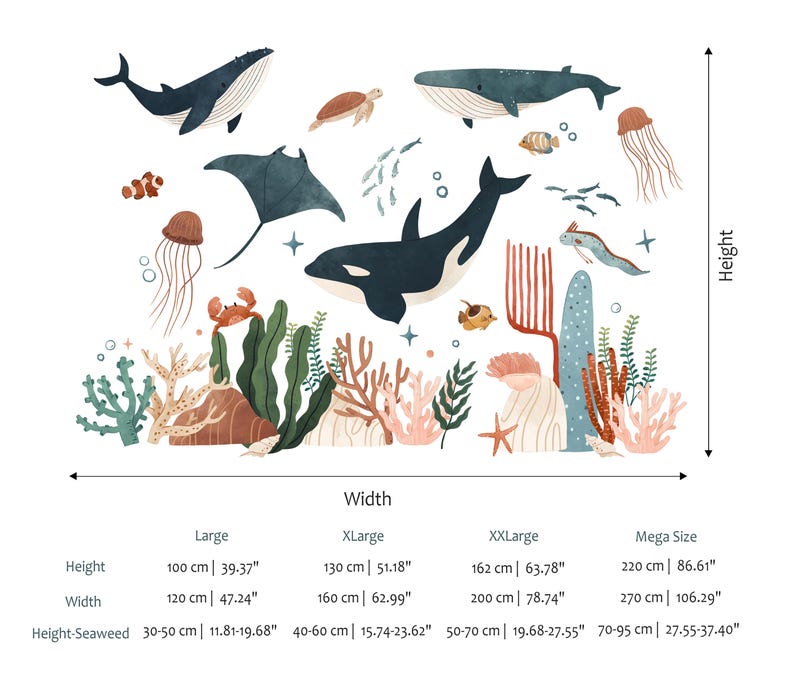 May include: A whimsical wall decal featuring an underwater scene with whales, an orca, a manta ray, and various sea creatures. The design includes coral, seaweed, and a starfish. The height is 39.37 inches and the width is 47.24 inches for the large size.
