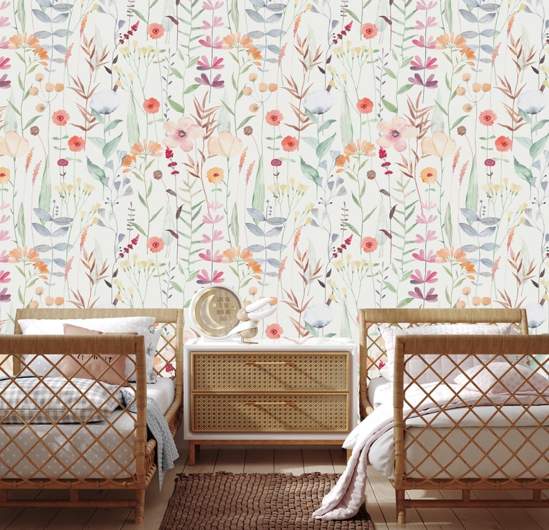 Wildflower Nursery Wallpaper Mural: Watercolor Floral Peel and Stick - Etsy