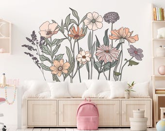 Wildflower Wall Decal Border, Boho Floral Nursery Decor, Flower Wall Stickers for Kids Room, Bohemian Wall Trim