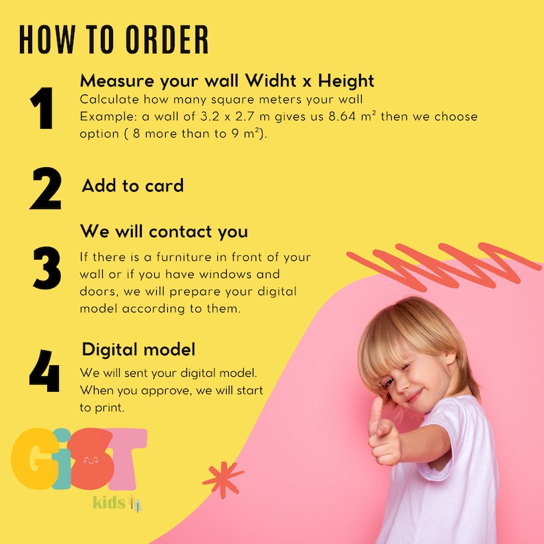 May include: A yellow and pink graphic with instructions on how to order, including measuring wall dimensions in square meters. A young child gives a thumbs-up. The text includes "Add to card" and "Digital model."