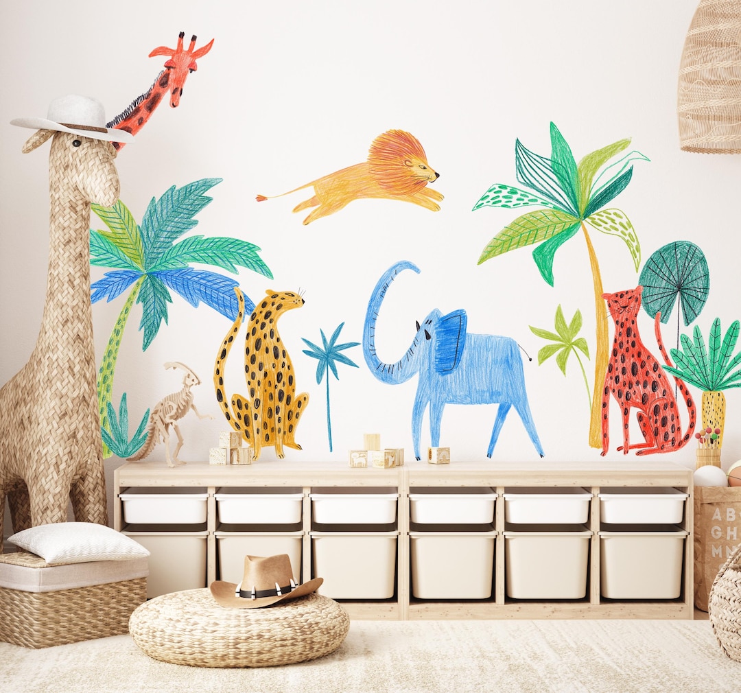Safari Animals Decal , Palm Tree Wall Sticker , Jungle Nursery, Lion ...