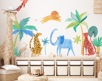 Calcomanía de animales de safari, pegatina de pared de palmera, guardería de selva, decoración infantil de león, jirafa y elefante.