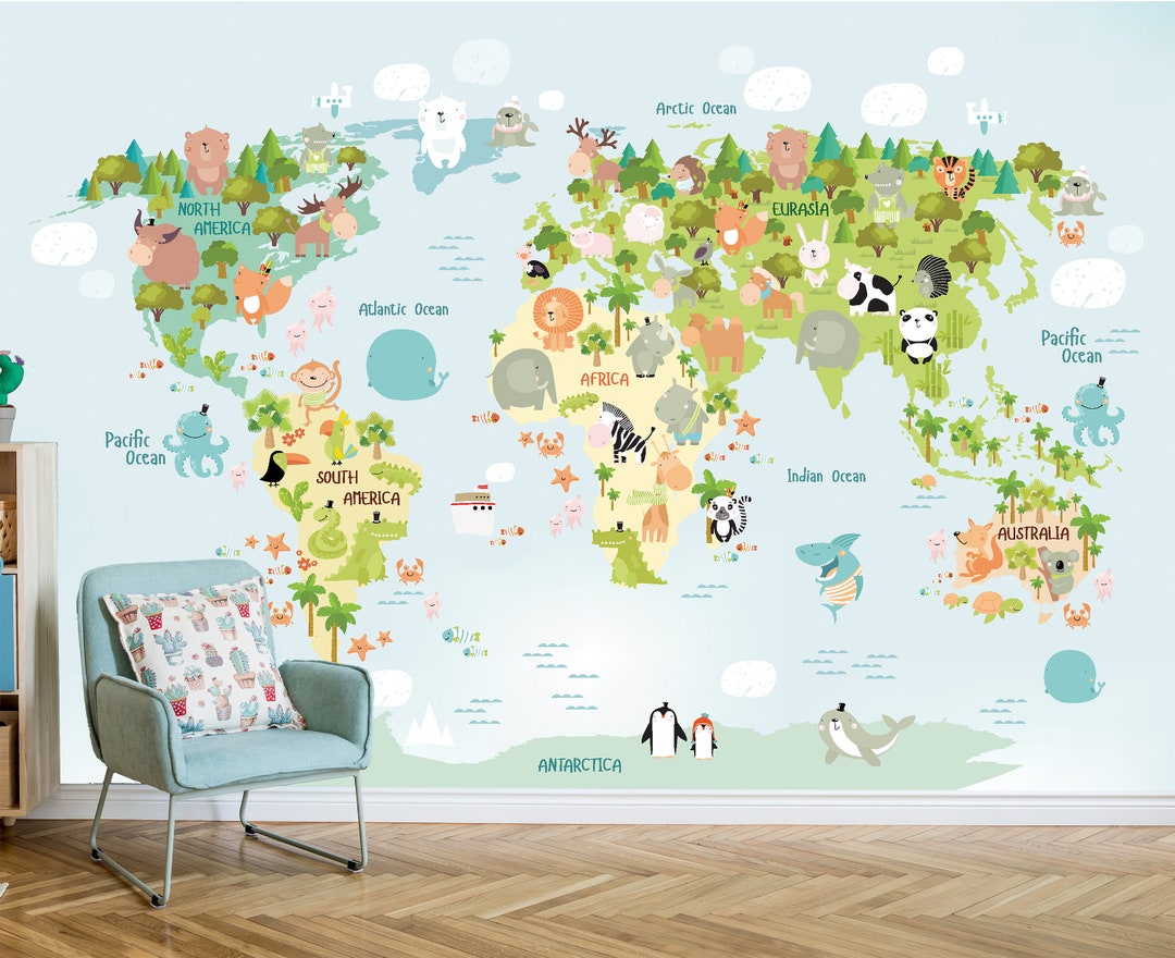 Kids World Map Wallpaper, Animal World Map Wallpaper for Kids Room ...