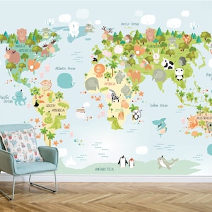 Kids World Map Wallpaper, Animal World Map Wallpaper für Kinderzimmer, pädagogisch entfernbare Kinderzimmer-Tapete