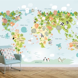 Kids World Map Wallpaper, Animal World Map Wallpaper for Kids Room, Educational Removable Nursery Wallpaper