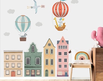 Animals Hot Air Balloon Kids Wall Decal,  Playroom City and Houses Nursery Decor