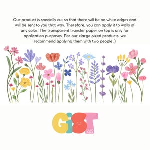 May include: A vibrant floral wall sticker showcasing an array of wildflowers in pink, yellow, blue, and purple hues. The design includes the text "GIST kids" in a cheerful font, ideal for decorating children's bedrooms or playrooms.
