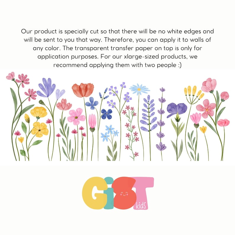 May include: A vibrant floral wall sticker showcasing an array of wildflowers in pink, yellow, blue, and purple hues. The design includes the text "GIST kids" in a cheerful font, ideal for decorating children's bedrooms or playrooms.
