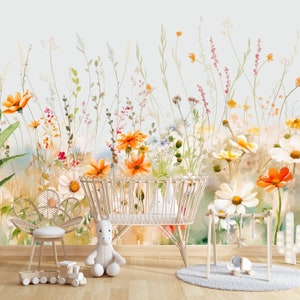 Papier peint fleurs sauvages, papier peint à fleurs, papier peint fleurs pour chambre d'enfant, papier peint aquarelle, papier peint bébé fille