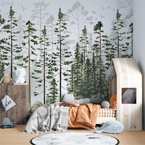Forest Tree Wallpaper, Neutral Birch Wall Mural , Pine Tree Removable Wall Art for Nursery or Kids Room