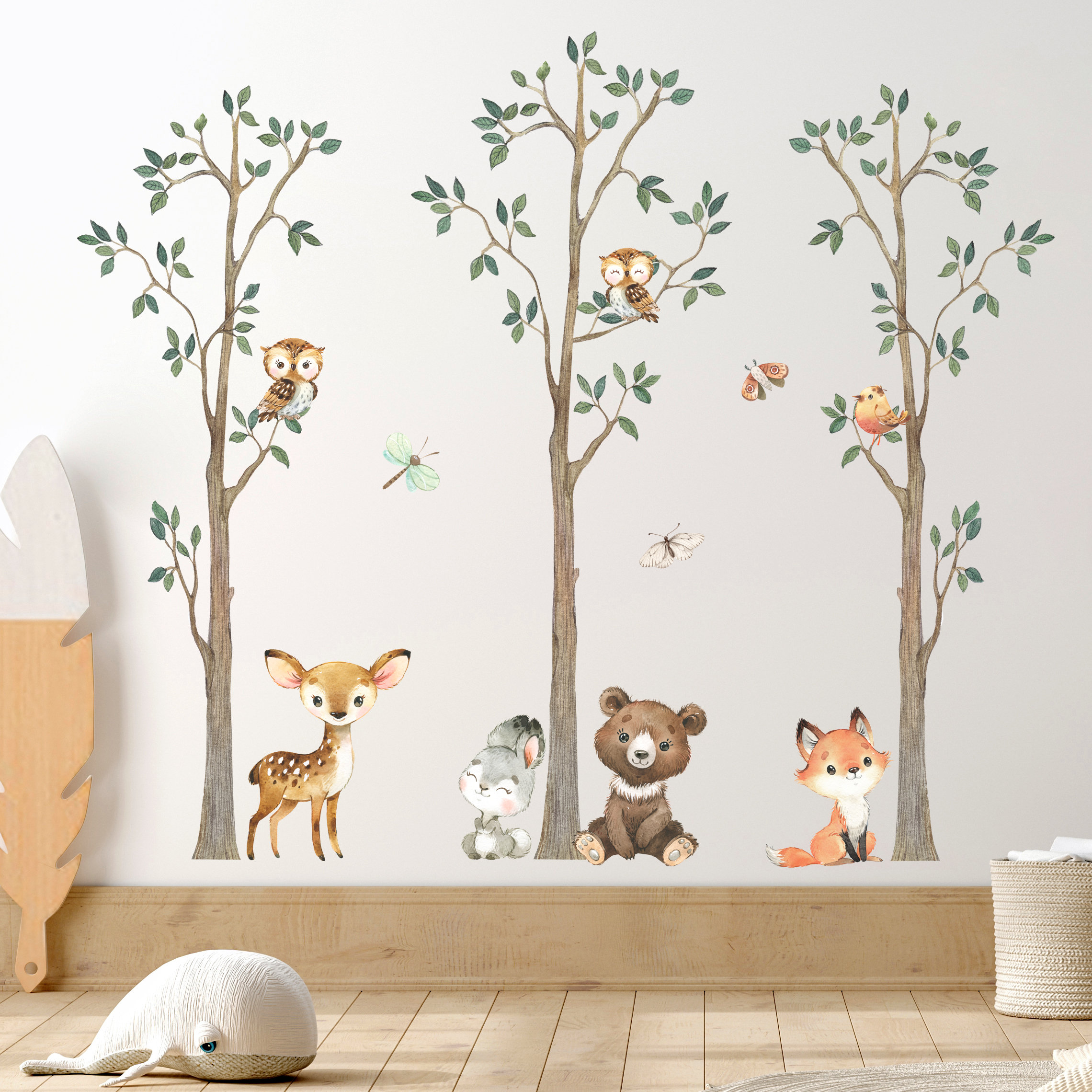 Forest Tree Wall Decals Watercolor Woodland Tree Wall Decals Peel and Stick  Baby Nursery Vinyl Pine Wall Stickers Decor for Kids Boys Bedroom Daycare