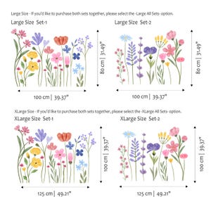 May include: Watercolor floral wall decals featuring colourful flowers and green foliage. The Large Size sets measure 100 cm wide and 80 cm high. The XLarge Size sets measure 125 cm wide and 100 cm high. Set-1 and Set-2 options.