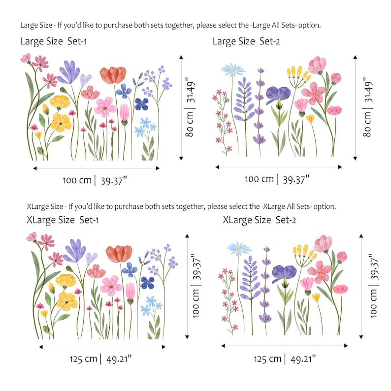 May include: Watercolor floral wall decals featuring colourful flowers and green foliage. The Large Size sets measure 100 cm wide and 80 cm high. The XLarge Size sets measure 125 cm wide and 100 cm high. Set-1 and Set-2 options.