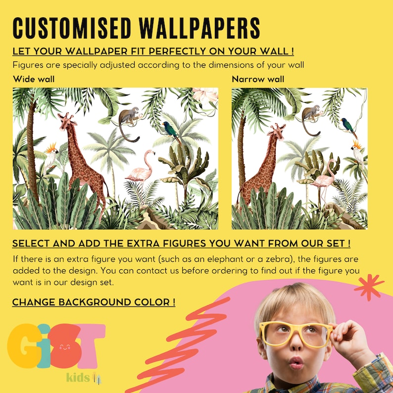 Puede incluir: Dise&ntilde;o de papel pintado personalizado con una escena de jungla que presenta jirafas, monos y flamencos. El texto dice: "&iexcl;Deja que tu papel pintado se ajuste perfectamente a tu pared!" y "&iexcl;Cambia el color de fondo!" El dise&ntilde;o es ajustable.