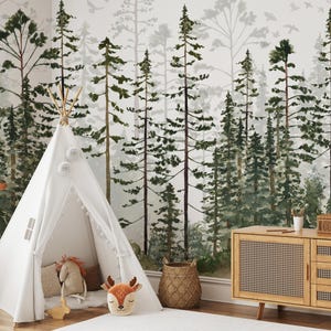 Pine Tree Wallpaper , Birch Tree Wall Mural , Forest Nursery Wall Decor , Removable Kids Room Wallpaper