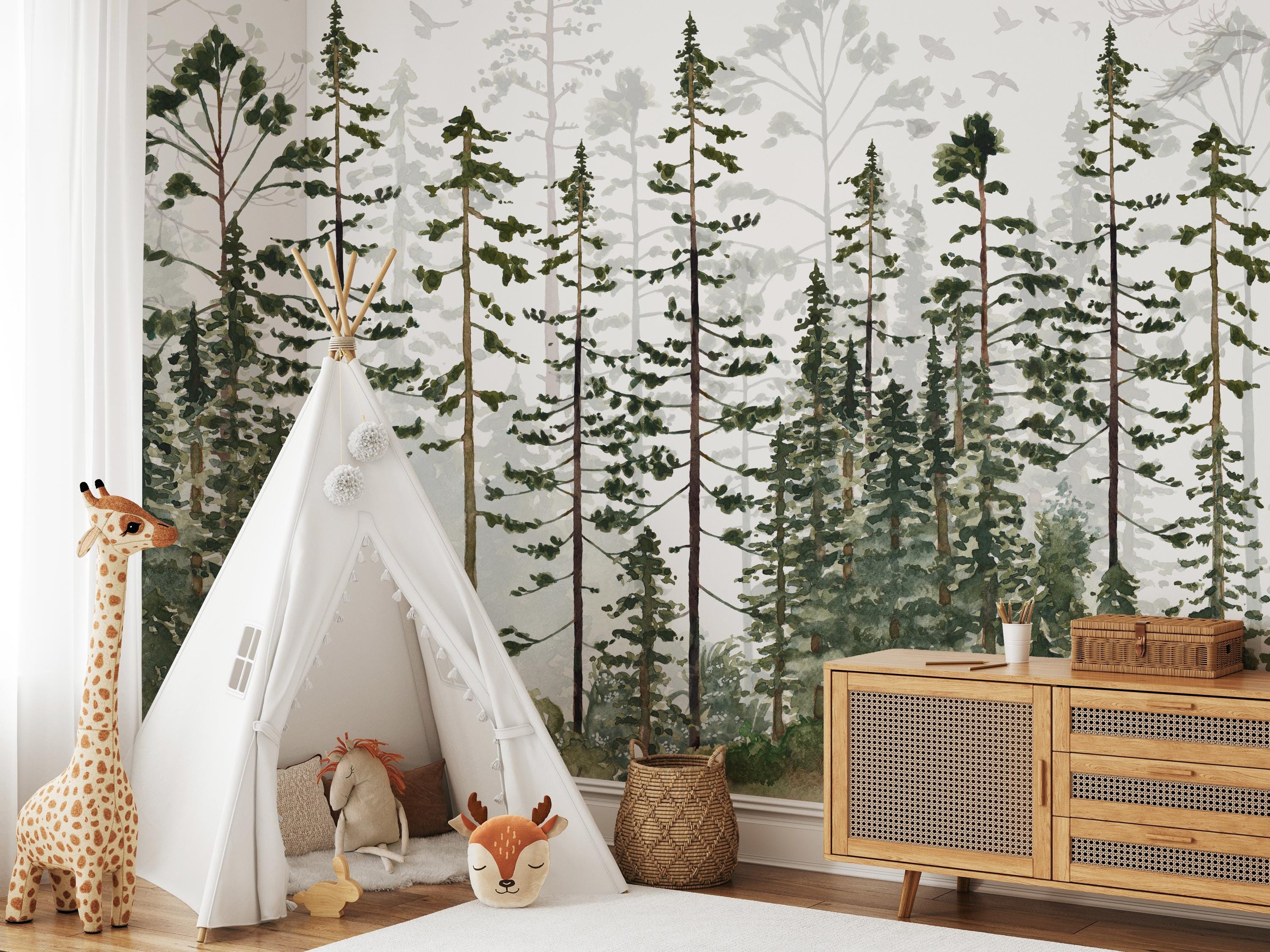 Forest Nursery Wallpaper Mural: Birch & Pine Tree Removable Wall Decor ...