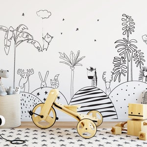 Carta da parati per bambini con animali Carta da parati lineare in bianco e nero Decorazione per la camera dei bambini della scuola materna Carta da parati personalizzabile con stacca e incolla