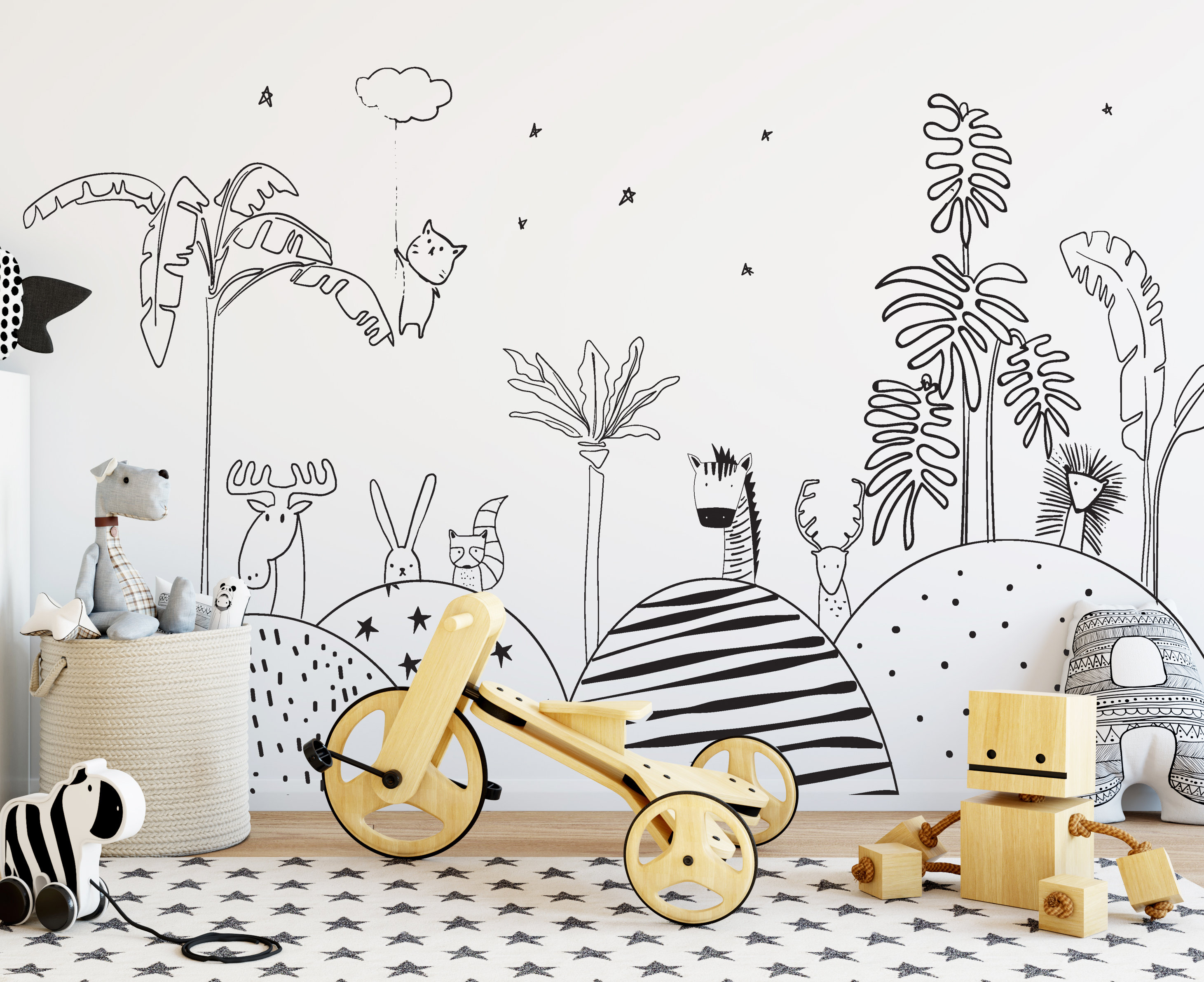 Animals Kids Wallpaper Linear Black and White Wall Mural | Etsy