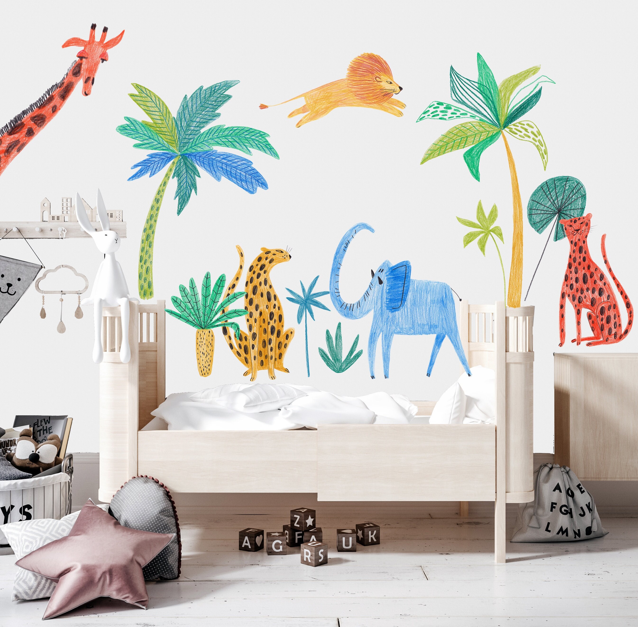 Safari Animals Decal , Palm Tree Wall Sticker , Jungle Nursery, Lion ...