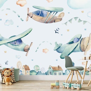 Papel pintado de avión, Pueblo de dibujos animados de acuarela, Mural de pared de guardería Peel and Stick