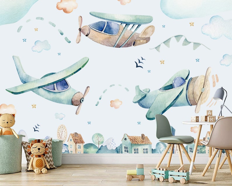 Airplane Wallpaper Watercolor Cartoon Village Peel and Stick - Etsy