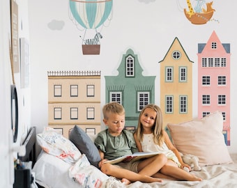 Kids Playroom Wall Decal, Hot Air Balloon Sticker, City Nursery Wall Decor