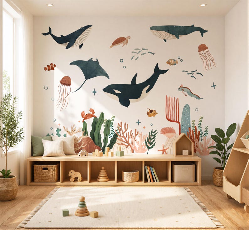 May include: A children's room with a marine theme. The white wall features illustrations of whales, a manta ray, a killer whale, and other sea creatures. A wooden bench with storage and a rug complete the scene.