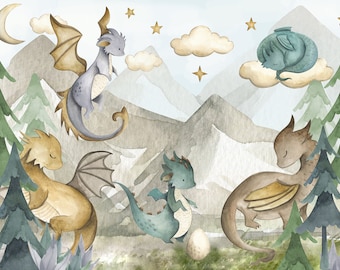 Dragon Kids Wallpaper, Dragon Fairytale Kids Wallpaper, Animals Wallpaper, Peel and Stick