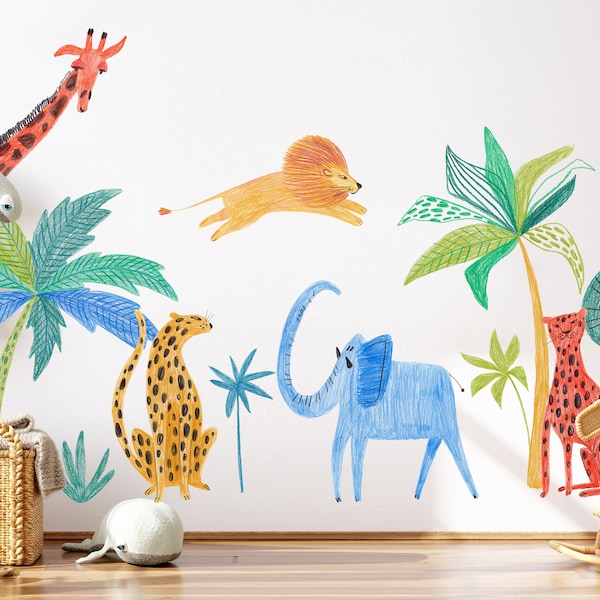 Safari Animals Decal , Palm Tree Wall Sticker , Jungle Nursery, Lion Giraffe Elephant Kids Room Decor