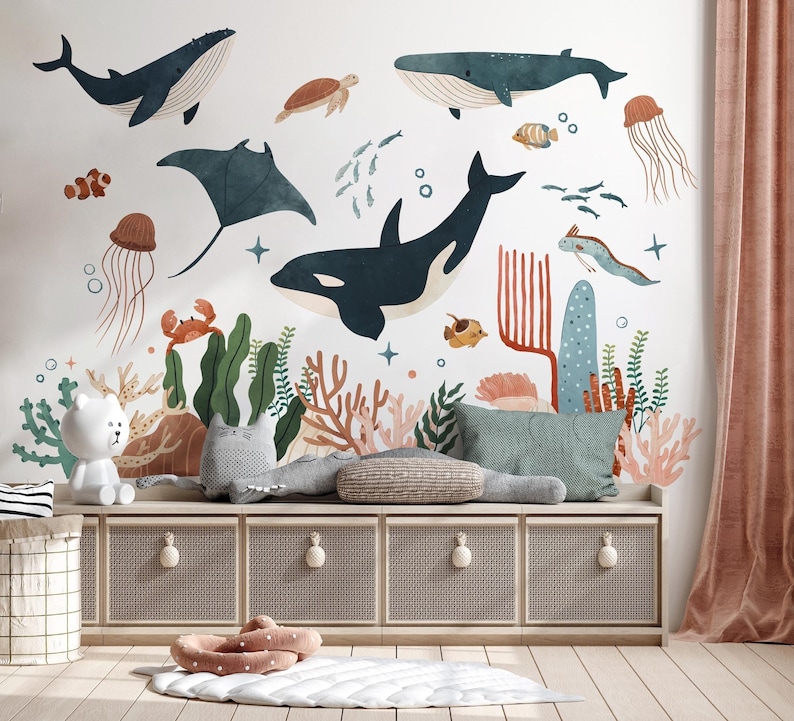 Ocean Animal Wall Decals , Sea Life Wall Stickers, Watercolor Sea Life