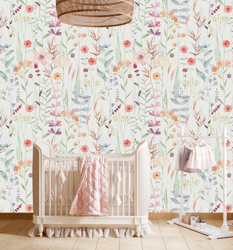 Wildflower Nursery Wallpaper Mural: Watercolor Floral Peel and Stick - Etsy
