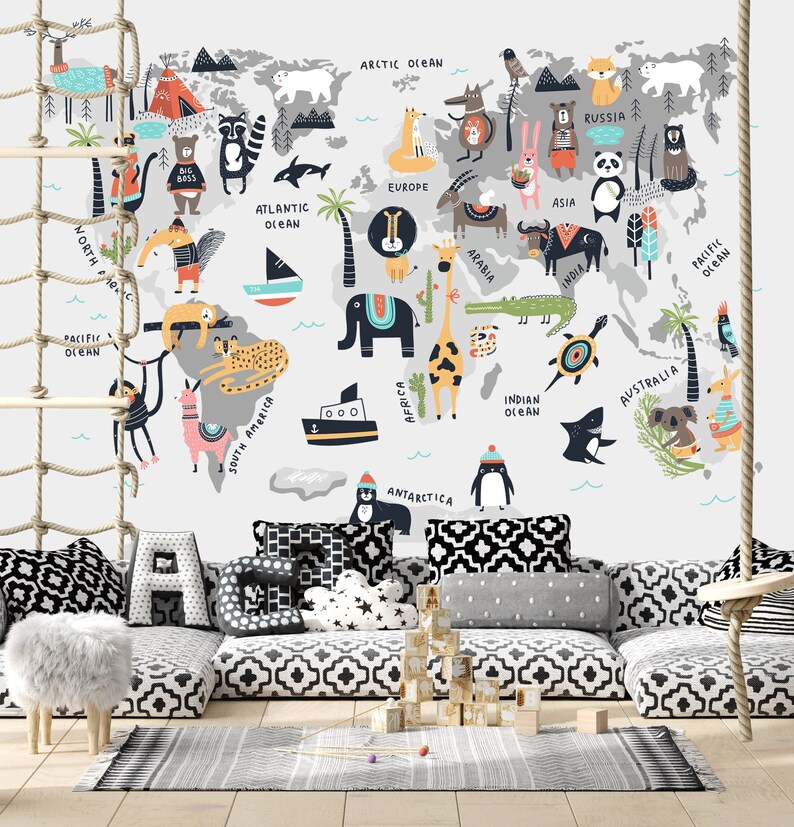 World Map Wall Decal Animal World Map Decal Kids World Map Etsy