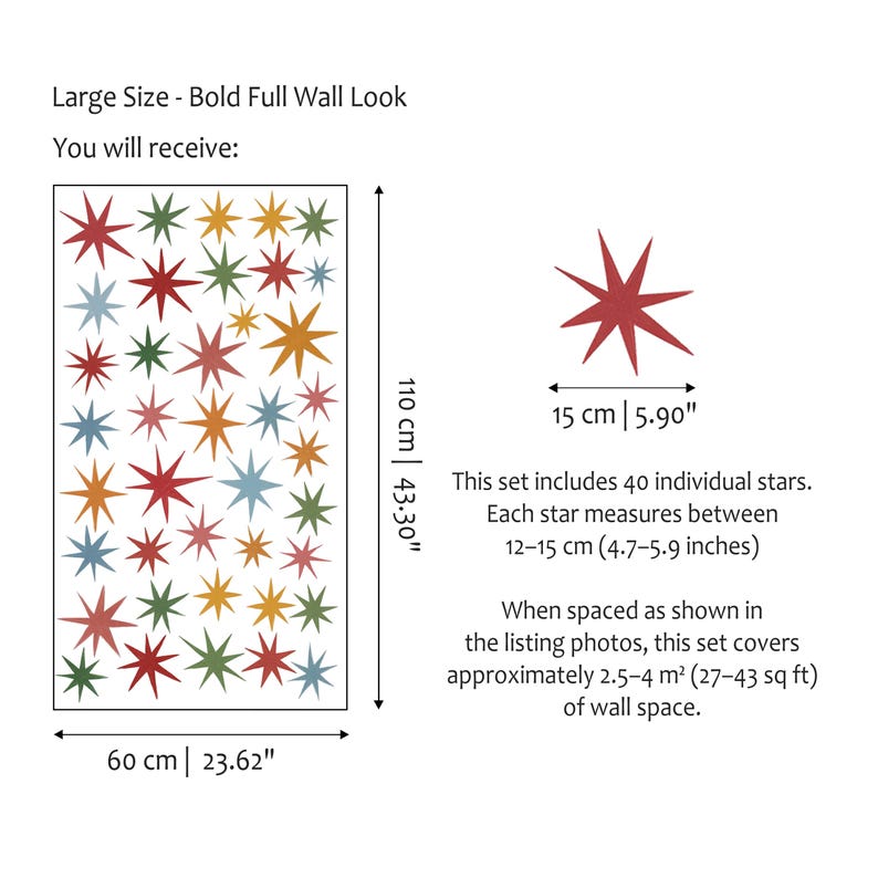 Puede incluir: Un conjunto de 40 pegatinas de pared con forma de estrella multicolor en rojo, verde, azul y amarillo. El gr&aacute;fico muestra un dise&ntilde;o de 60 por 110 cm. Una estrella mide 15 cm. El texto incluye Large Size - Bold Full Wall Look y 40 estrellas.