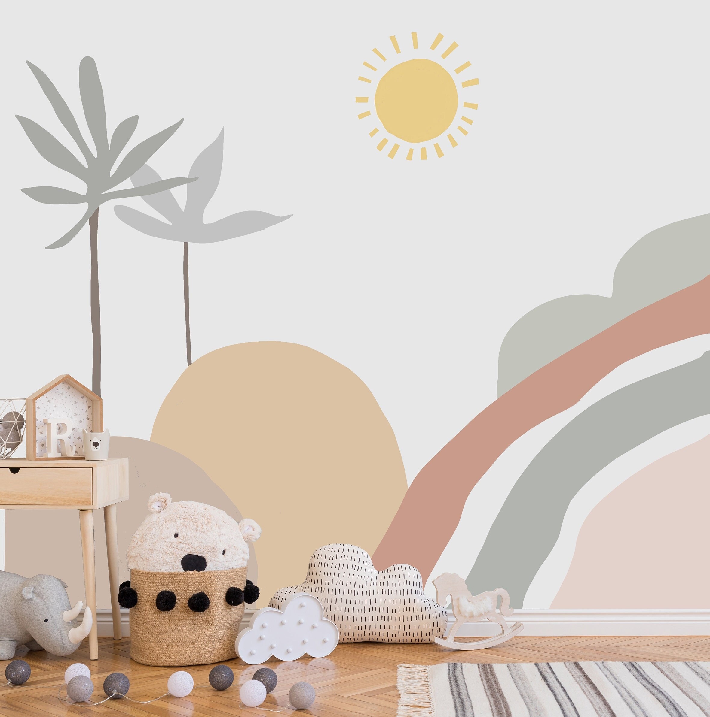 Boho Kids Wallpaper Peel and Stick  , Nursery Sun Mountains Wall Mural , Removable ,Self Adhesive or Pre-Pasted