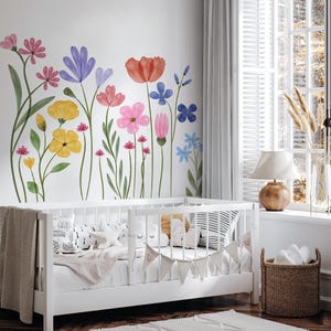 Wildflower Wall Decal Border, Boho Floral Wall Sticker, Watercolor Flower Wall Border for Nursery, Kids Room Bedroom