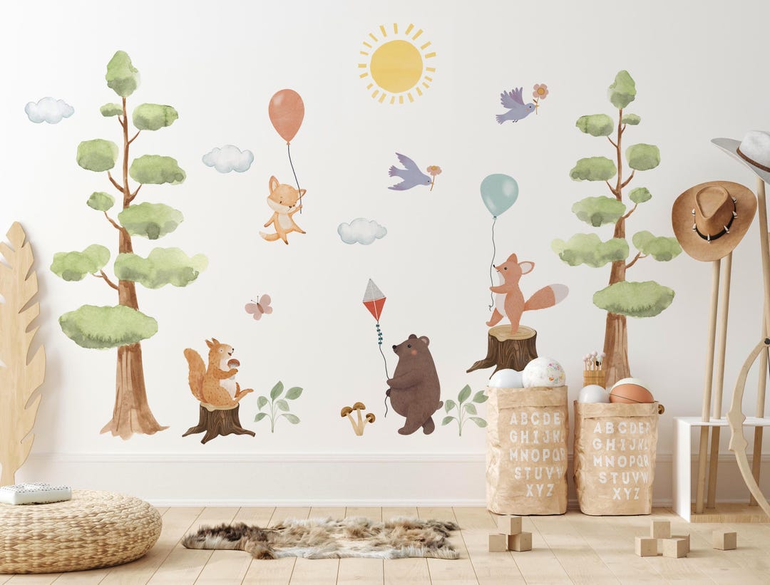 Forest Animal Wall Decals Set, Woodland Nursery Wall Stickers, Large ...