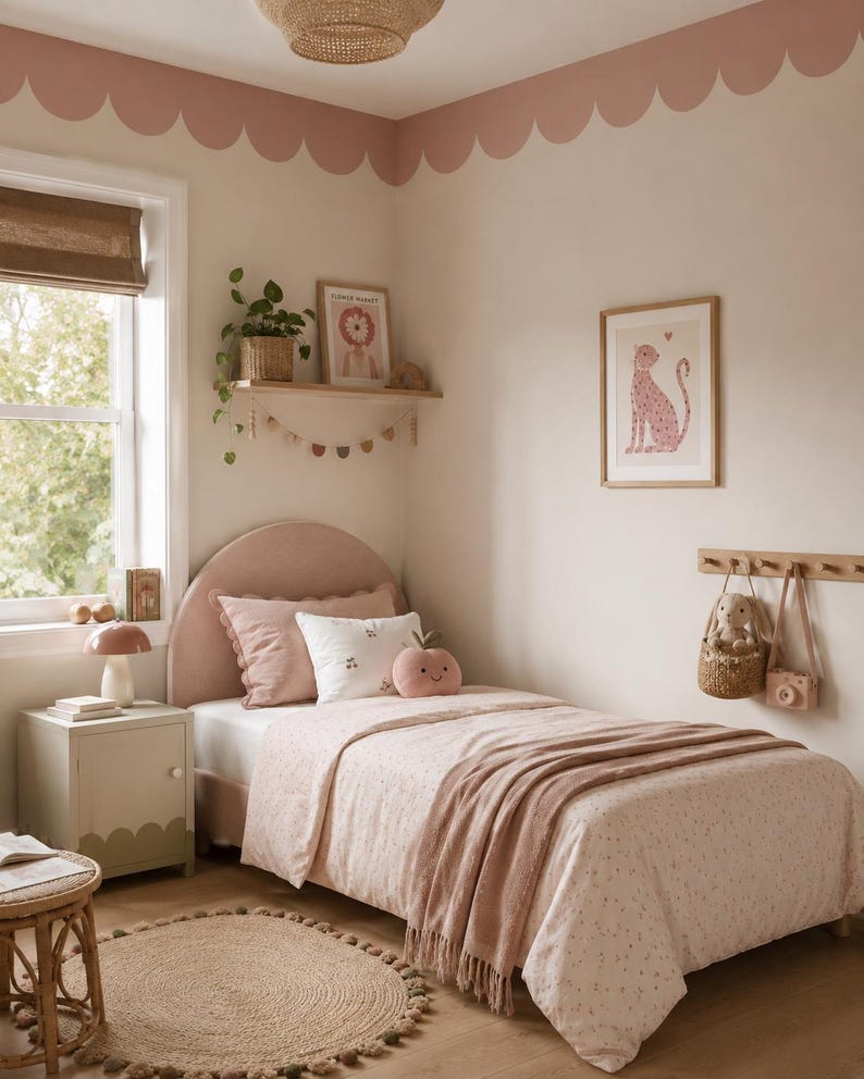 May include: A cozy bedroom scene with a blush pink color scheme. The room features a twin bed with a patterned comforter, a pink throw blanket, and decorative pillows. A round jute rug and a small side table with a lamp complete the space.