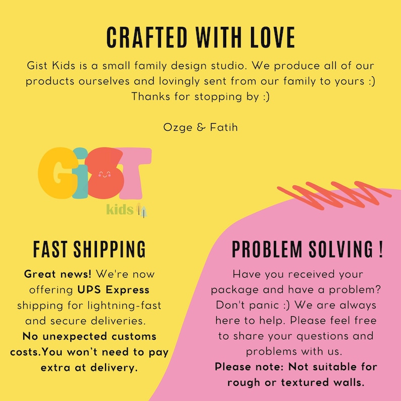 May include: A colorful graphic with text that reads "CRAFTED WITH LOVE" and "Gist Kids." The text also mentions fast shipping and problem-solving support. The background is yellow and pink.