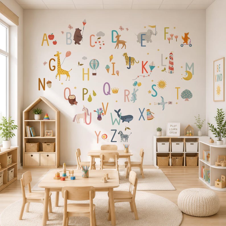 May include: A classroom setting with alphabet wall decals and wooden furniture. The alphabet is displayed with colorful illustrations. The room includes small tables, chairs, and shelves. A sign reads "PLAY LEARN GROW".