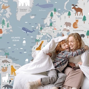 Carta da parati con mappa del mondo per bambini, carta da parati con mappa del mondo degli animali per la cameretta dei bambini, carta da parati educativa rimovibile per la cameretta dei bambini