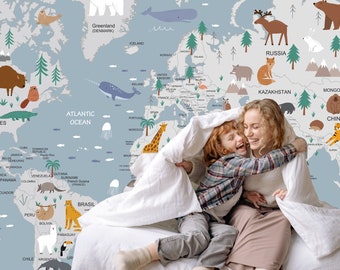 Papel pintado infantil con mapa del mundo animal: decoración educativa para la habitación del bebé, removible.