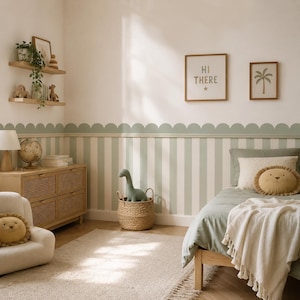 May include: A child's bedroom with a light green and white striped wall, featuring a bed, a woven chest of drawers, and a small armchair. Decorative elements include framed art, a dinosaur toy, and a lion-shaped pillow. The room has a neutral color palette.