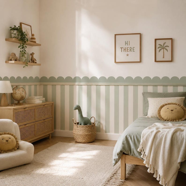 May include: A child's bedroom with a light green and white striped wall, featuring a bed, a woven chest of drawers, and a small armchair. Decorative elements include framed art, a dinosaur toy, and a lion-shaped pillow. The room has a neutral color palette.