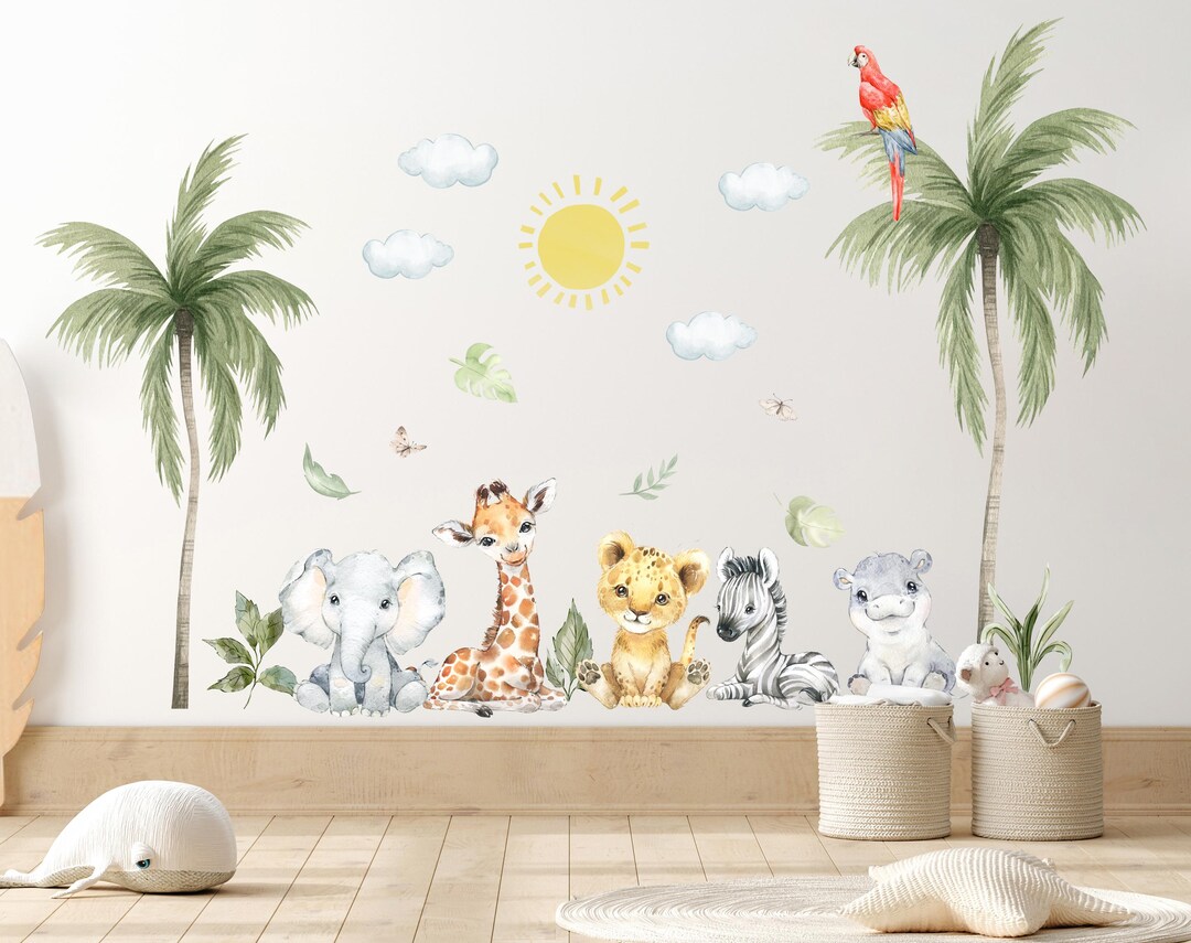 XL Watercolor Safari Animals Wall Decal Set, Peel and Stick Nursery ...