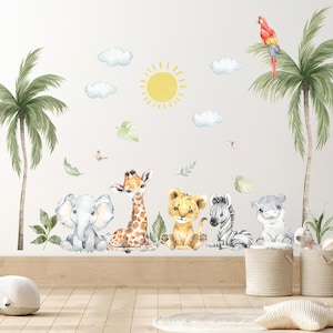 Safari Animals Decal, Kids Jungle Wall Decal, Palm Tree Wall Sticker, Baby Giraffe Nursery Wall Decor