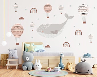 Hot Air Balloon Decal, Whale Wall Decal, Nursery Kids Sticker, Marine Baby Room