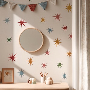 Puede incluir: Una pared decorada con pegatinas en forma de estrella de varios colores en tonos rojo, azul, verde y amarillo. Un espejo redondo con marco de madera est&aacute; montado en la pared sobre un escritorio de madera. Un bander&iacute;n de tela cuelga en la parte superior.