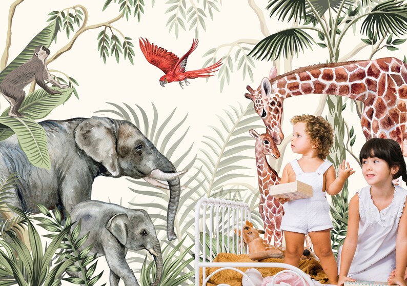 Safari Kids Wallpaper Peel and Stick Watercolor Jungle Etsy